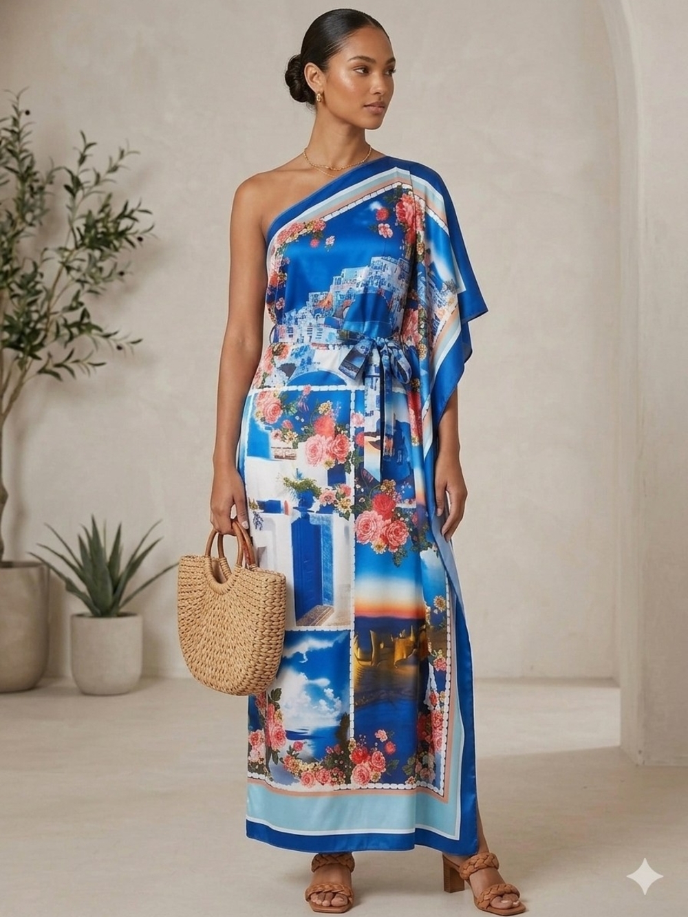 L'Atiste One-Shoulder Blue Floral Print Maxi Dress Size S